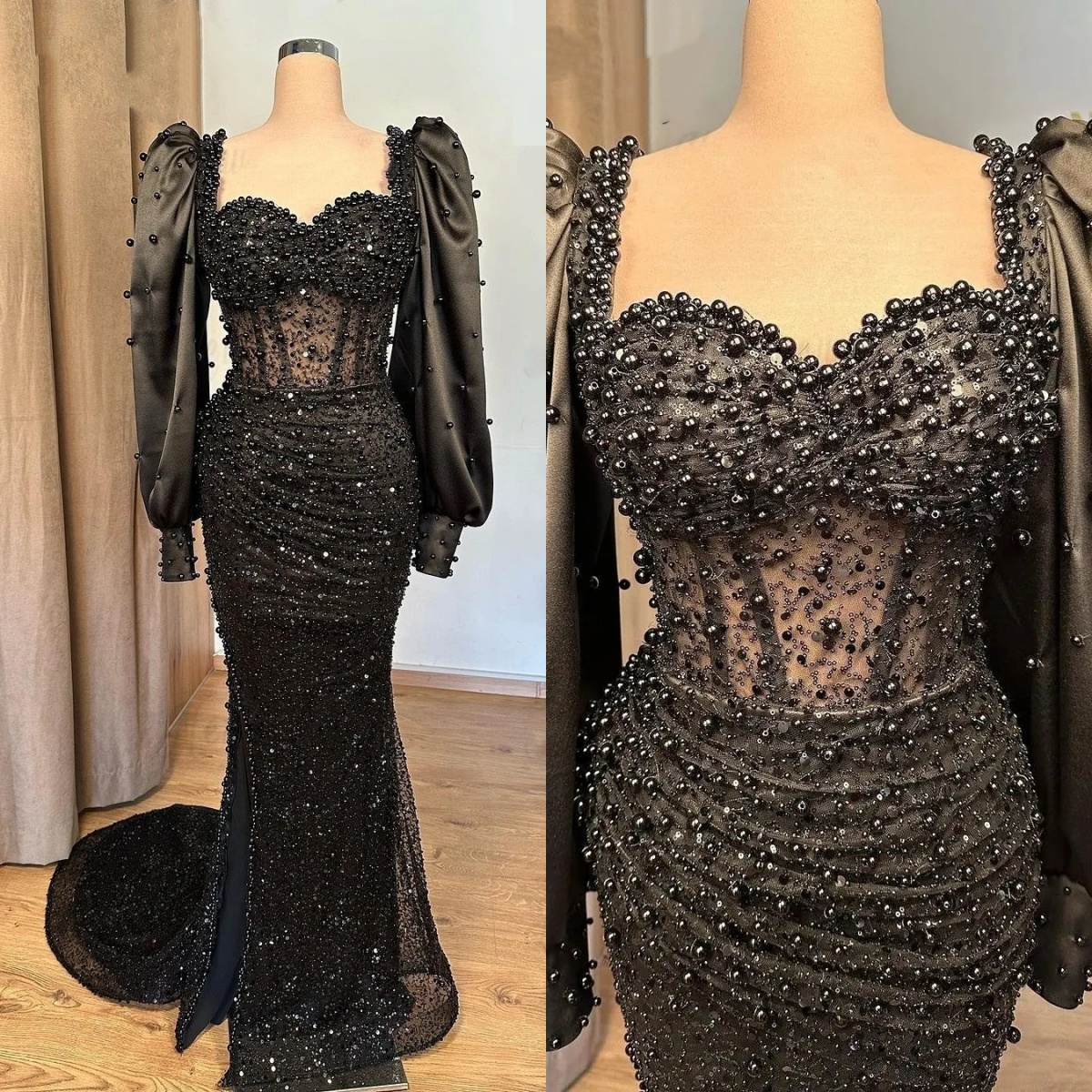 Classic Evening Dresses Beaded Sequins Gown Sweetheart Neck Long Sleeves Split Side Sweep Train Dress Party Customized Dress
