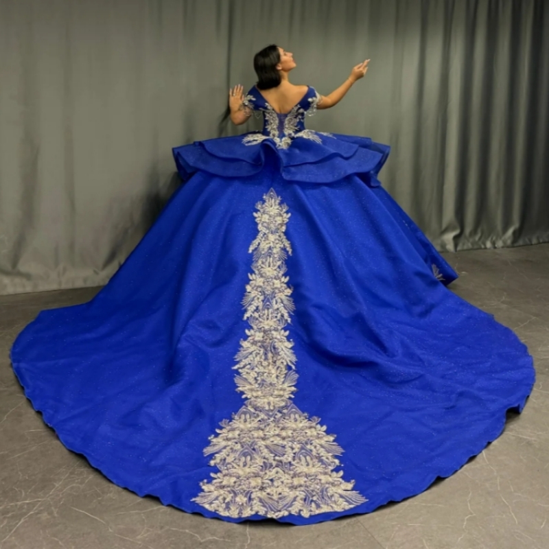 Royal Blue Shiny Quinceanera Dresses Off The Shoulder Sequin Applique Lace Beading Tull Party Birthday Ball Gown Vestidos De 15 Anos