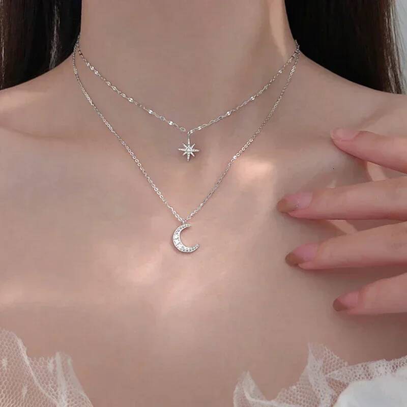 New Fashion Sier Color Double Layer Star Moon Necklace for Women Charm Delicate Zircon Stainless Steel Choker Chain Jewelry