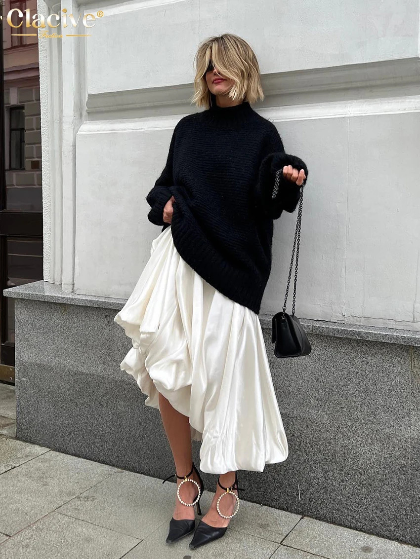 Clacive Fashion Beige Satin Skirts For Women Elegant High Waist Office Lady Ankle-Length Skirt Casual Loose Skirt Female Clothes 250811