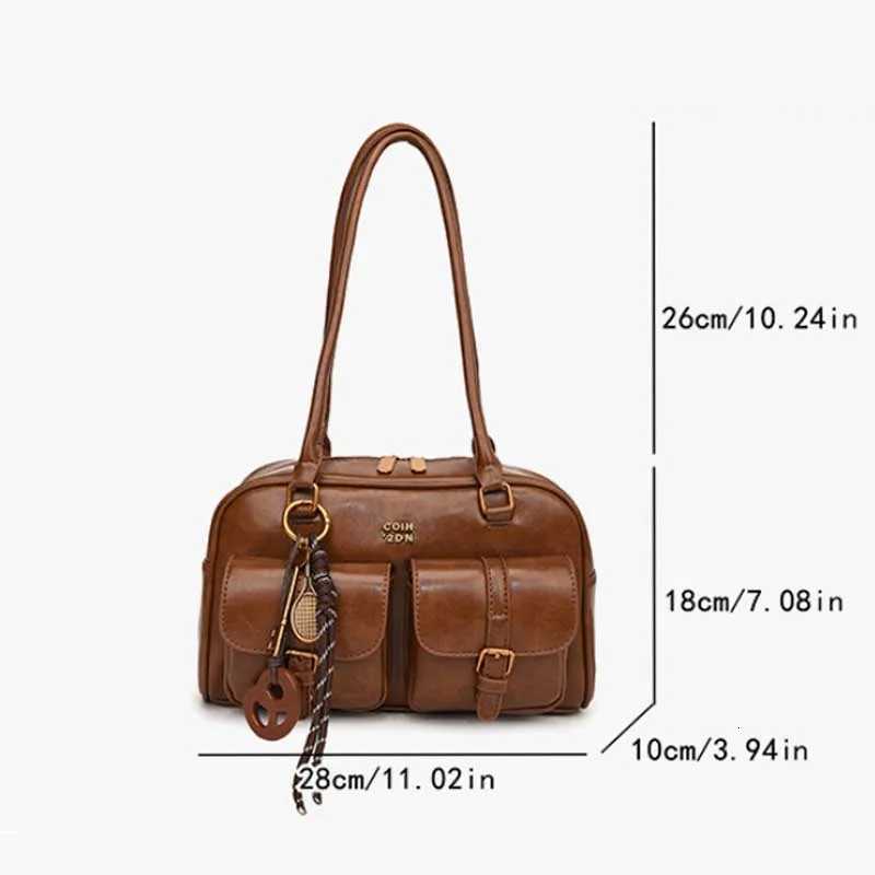 Vintage Womens Coffee Pu Leather Shoulder Bag Solid Color Simple Ladies Tote Bag 2 Pocket Chic Fashion Commuter Underarm Bag Z250811