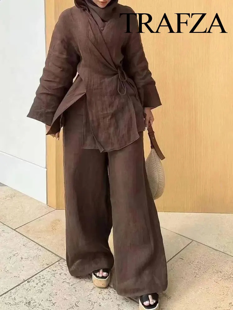 TRAFZA Womens Summer Fashion Linen Solid Color Shirt Set Belted Cardigan Kimono Top High Waist Womens Pleated Pants 2-piece 250806