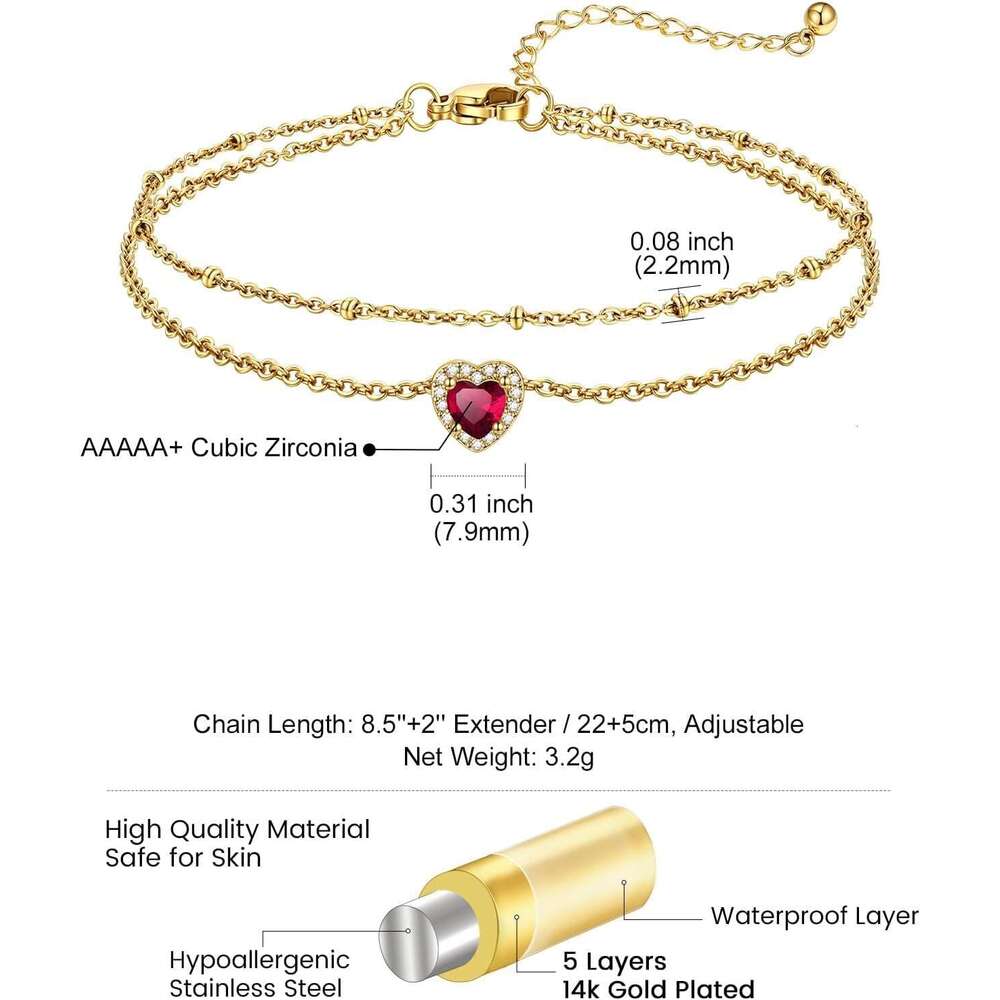 Stainless Steel Anklets Women with Birthstone - Adjustable Gold Ankle Bracelets for Beach Weddings, Summer Vacations & Pool Parties (8.5"+2"