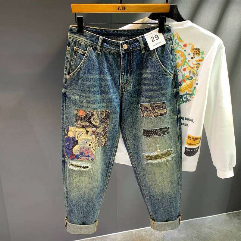 High Street Brand Retro Piercing Jeans Men's Loose Spring and Autumn New Style 2025 Personalized Trendy Patch Pants