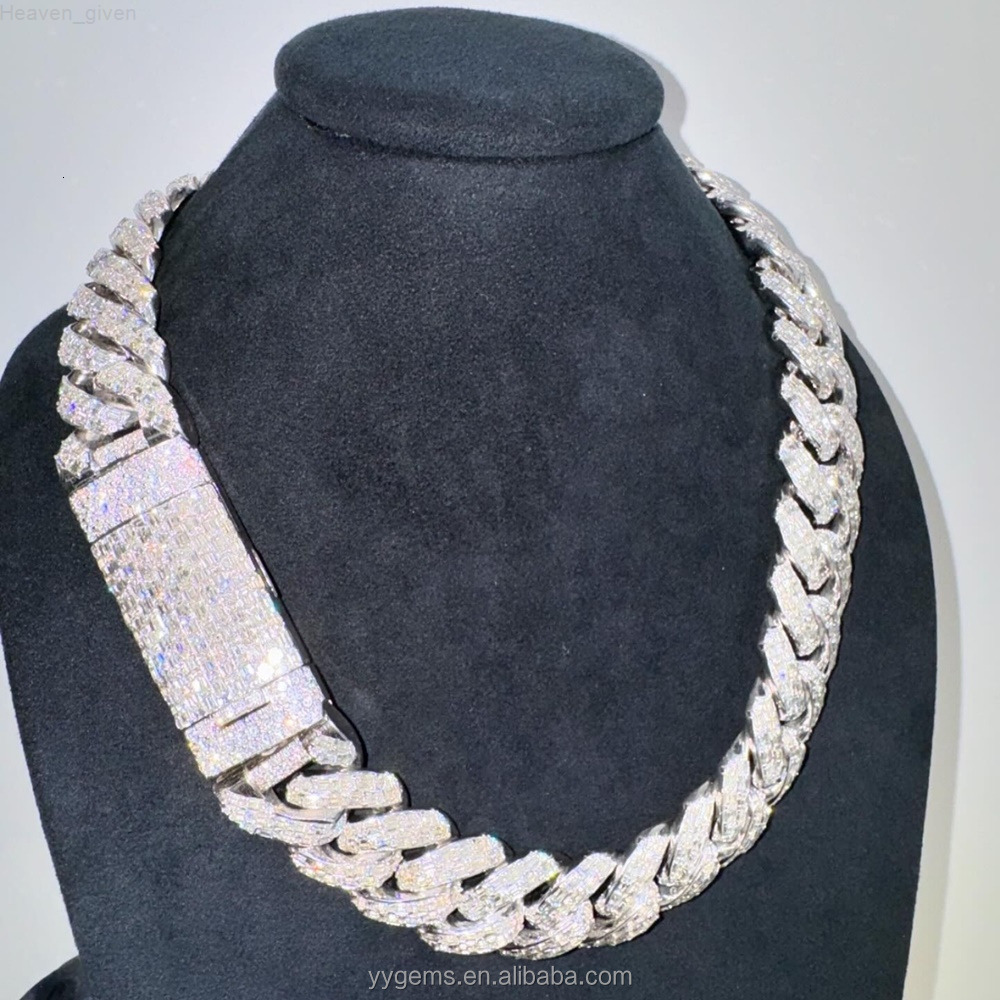 Yu Ying Custom 16mm Men Full Emerald Cut VVS Moissanite White Gold S925 Silver Cuban Link Chain Necklace Hip Hop Jewelry