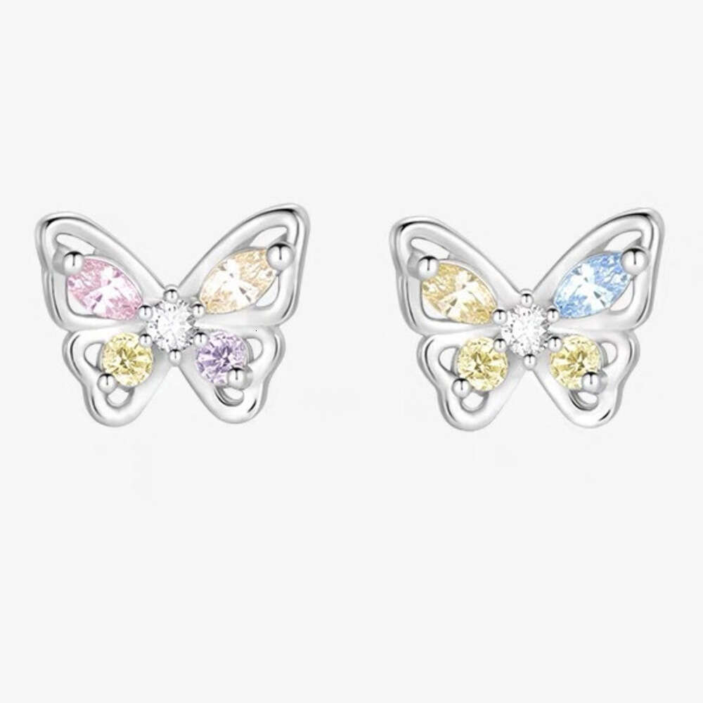 Pure Sier Sweet Pink Blue Hollow Butterfly for Women Exquisite Small Colorful Zircon Earrings Niche Ear Jewelry Trend