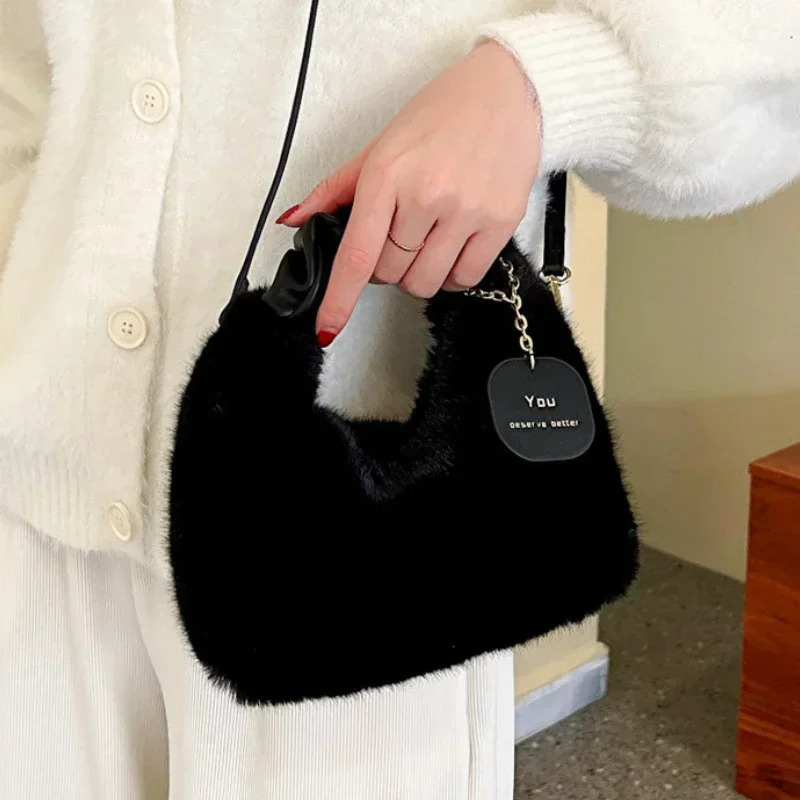 Women Faux Fur Plush Handbags Ruched Handle Small Lady Shoulder Crossbody Bag Casual Tote HalfMoon Hobos Winter Bags for w250811