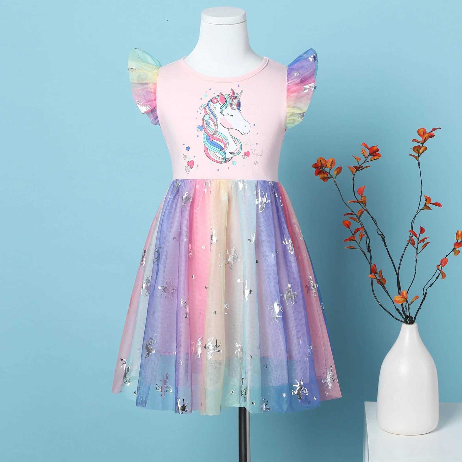 Girls Summer Cartoon Unicorn Print Rainbow Mesh Splice Princess Birthday Party Sleeveless Dress SH1791 W250811