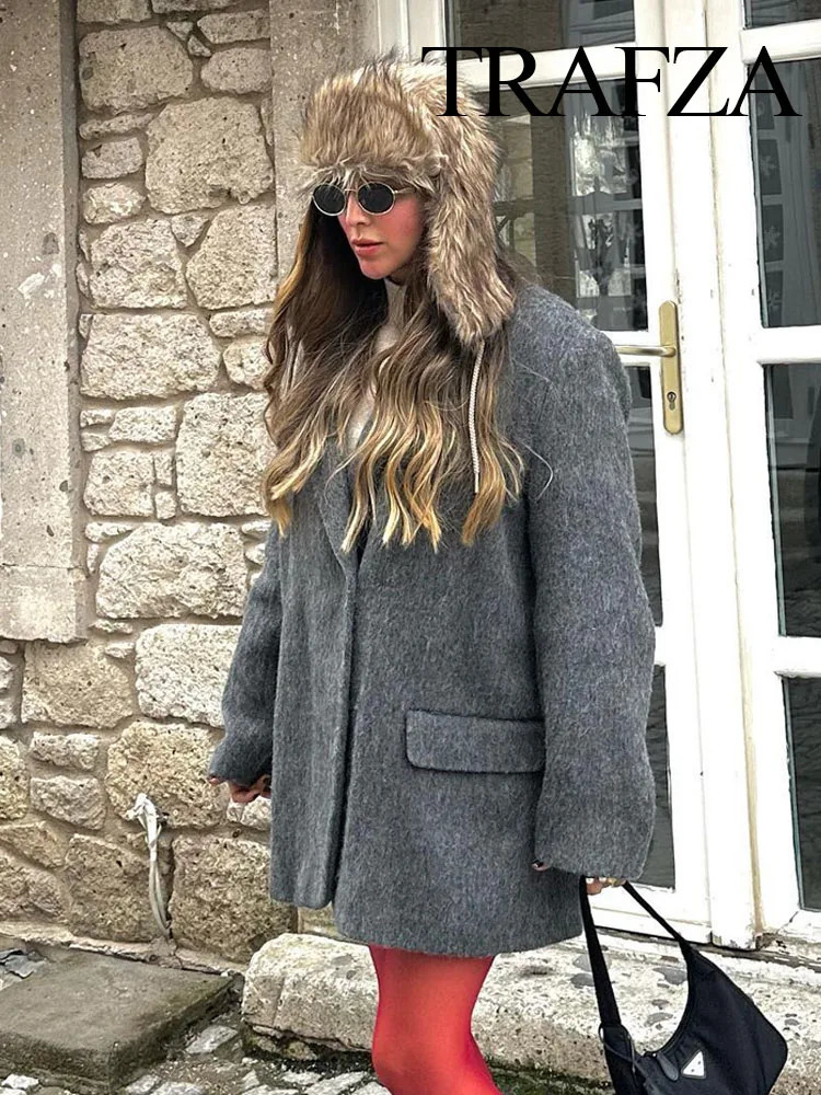 TRAFZA Women Fashion Plush Blazer Elegant Solid Y2k Women Long Sleeve Single Breasted Suit Coat Spring Female Casual Jackets 250811