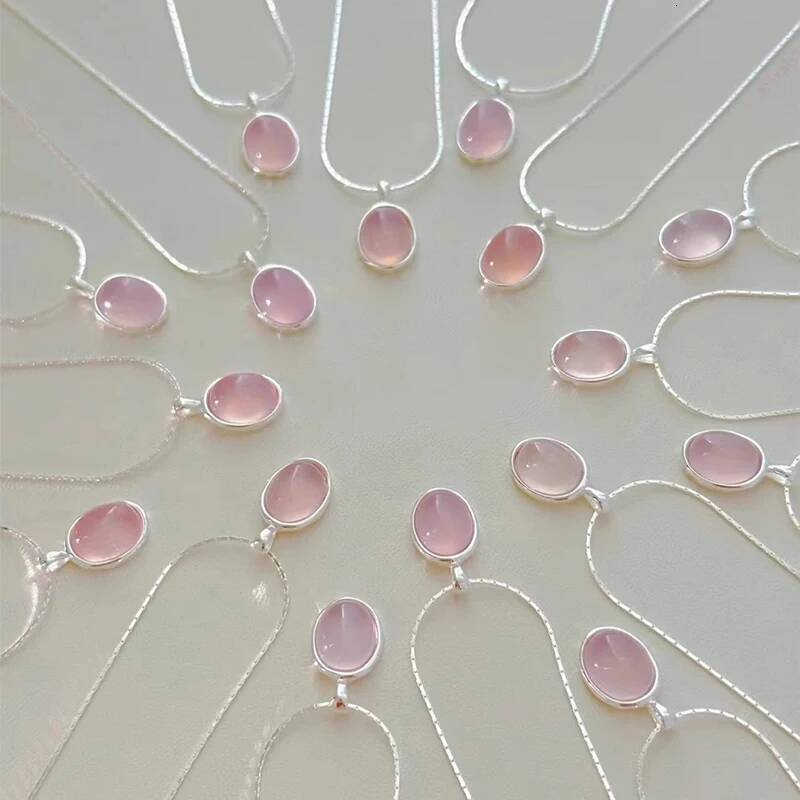 Sterling Sier Pink Crystal Moonstone Necklace For Women Fashionable And Simple Oval Pendant Collarbone Chain Party Jewelry