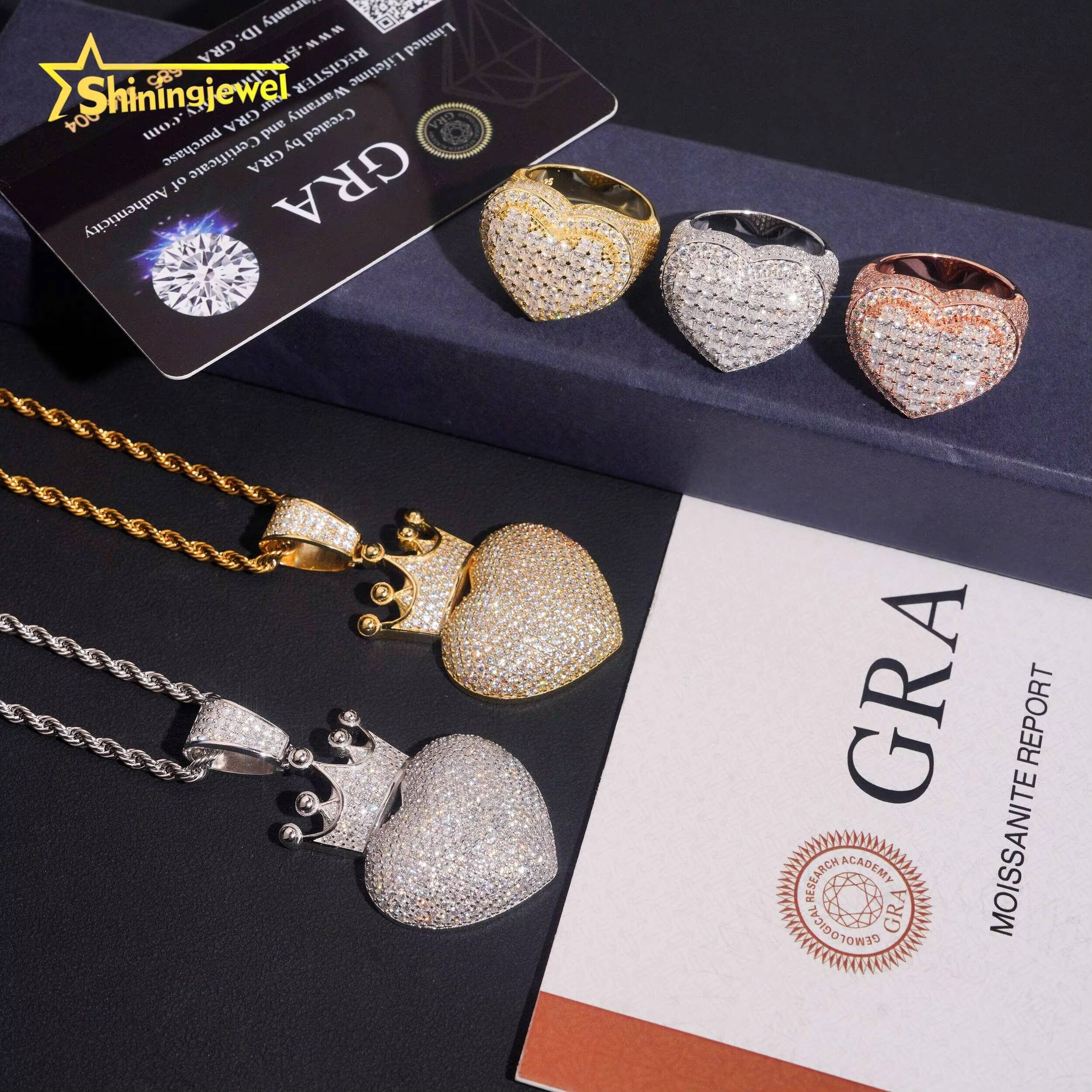 Iced Out Luxury Jewelry Sets Hip Hop 925 Sterling Silver Heart Shape D VVS Moissanite Ring with Pendant GRA Certificated