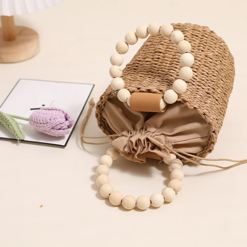Fashion Wooden Beading Women Handbags Paper Woven Hand Bags Casual Summer Beach Bucket Bag Bali Small Tote Female Purses 250811