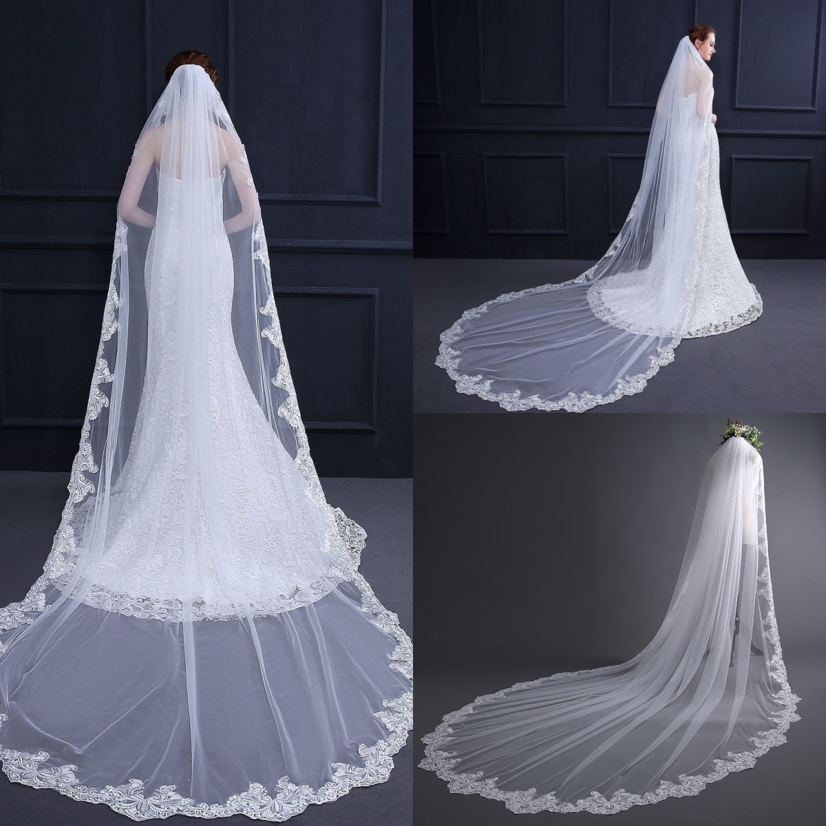 Simple One Layer Bridal Veils Lace Appliques Edge Veils Long Cathedral Length Wedding Veils Marriage Accessories