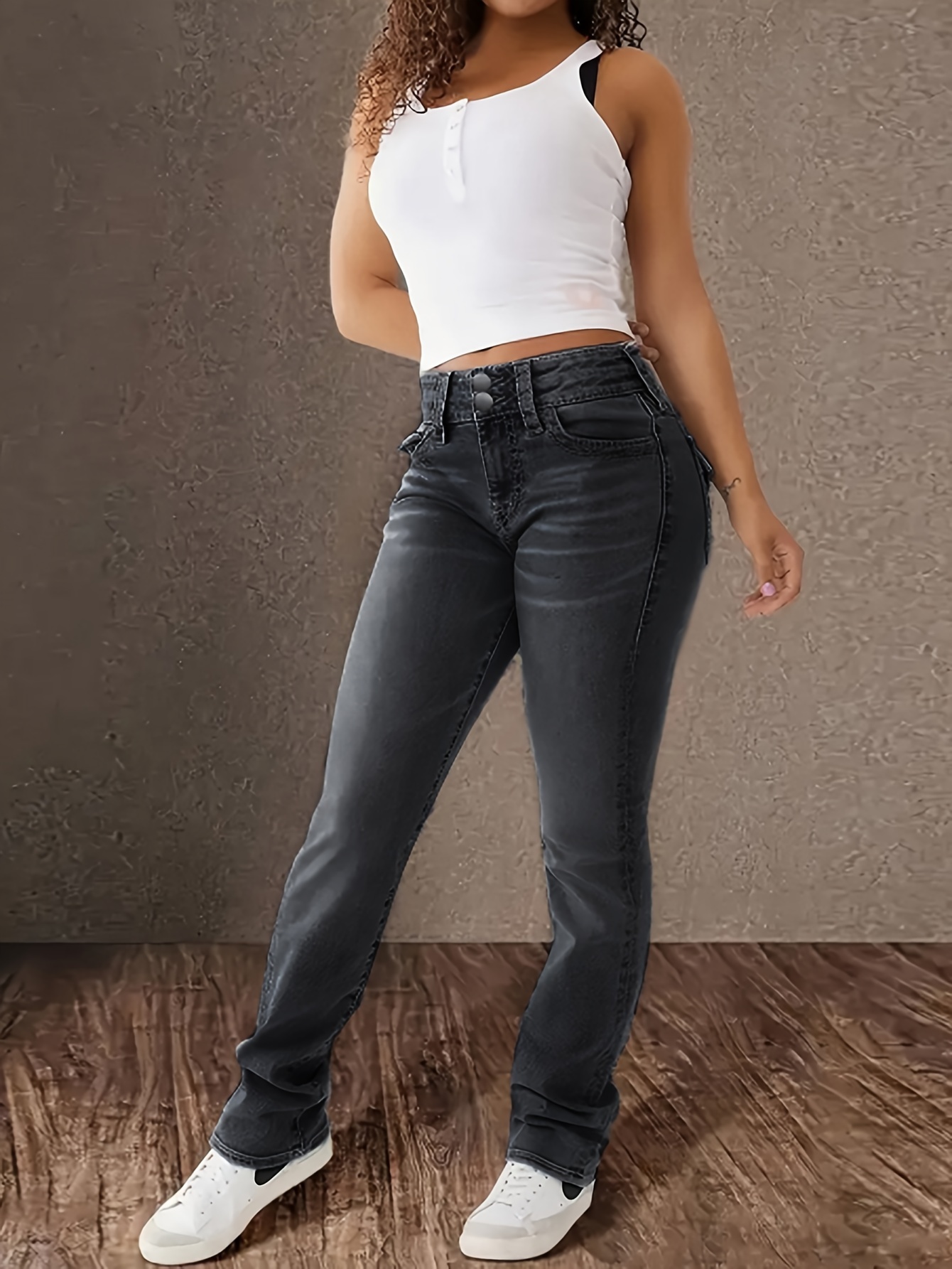 Women's Jeans Elegant High-Rise Jeanwear Featuring Reinforced Belt Loops Durable Stretch Fabric Ideal For Everyday Wear by Ladies