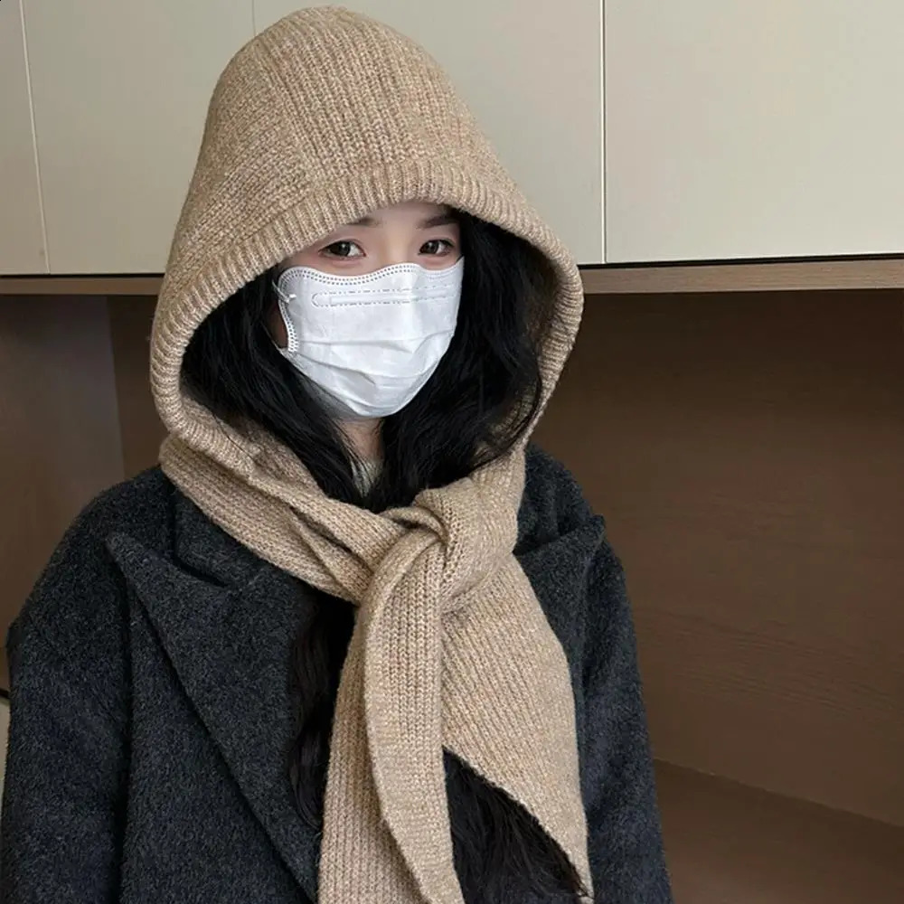 Winter Women Hooded Hat Knitting Wool Warm Balaclava Beanies Skullies For Female Girl Solid Color Outdoor Cold-proof Bonnet 250808