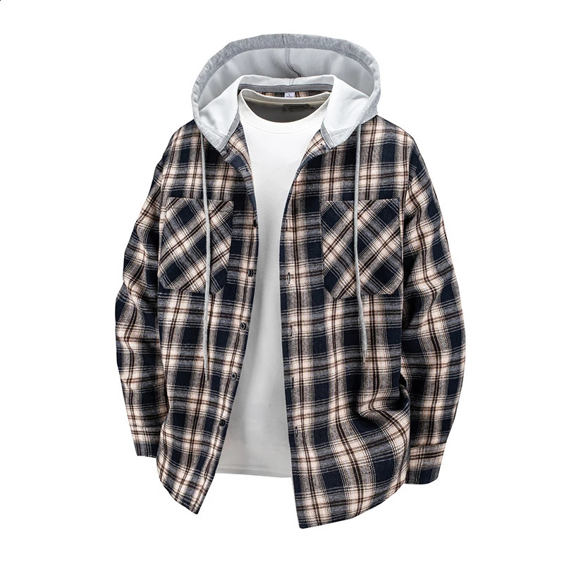 Hooded mens and womens wearable plaid shirts Japanese shirt jackets for spring fall loosefitting longsleeve 250808