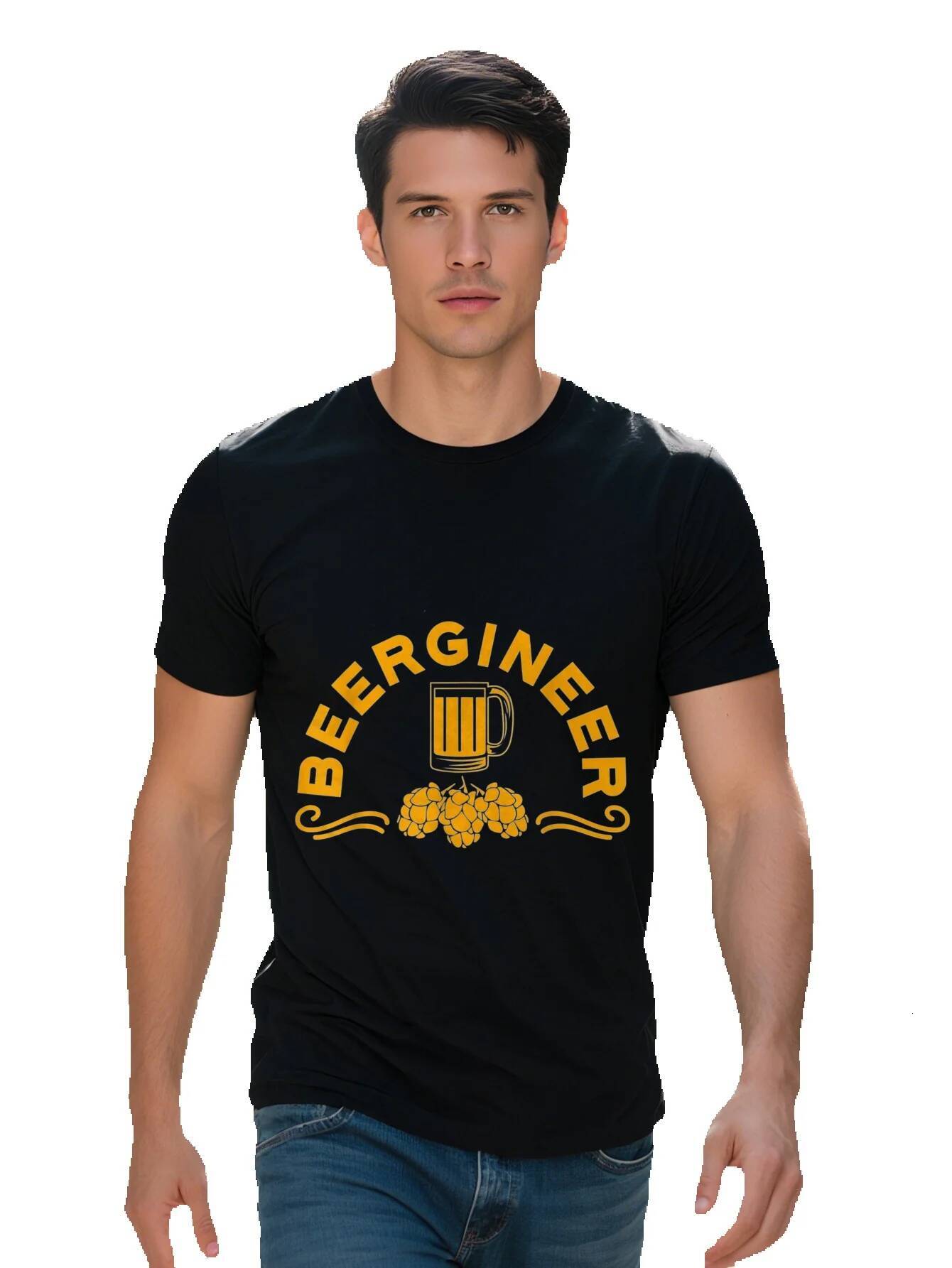 Men s Engineer T Shirt Cotton Black with Yellow Mug Hops Design Casual Homebrew Gift for Craft Beer Brewers 10e87