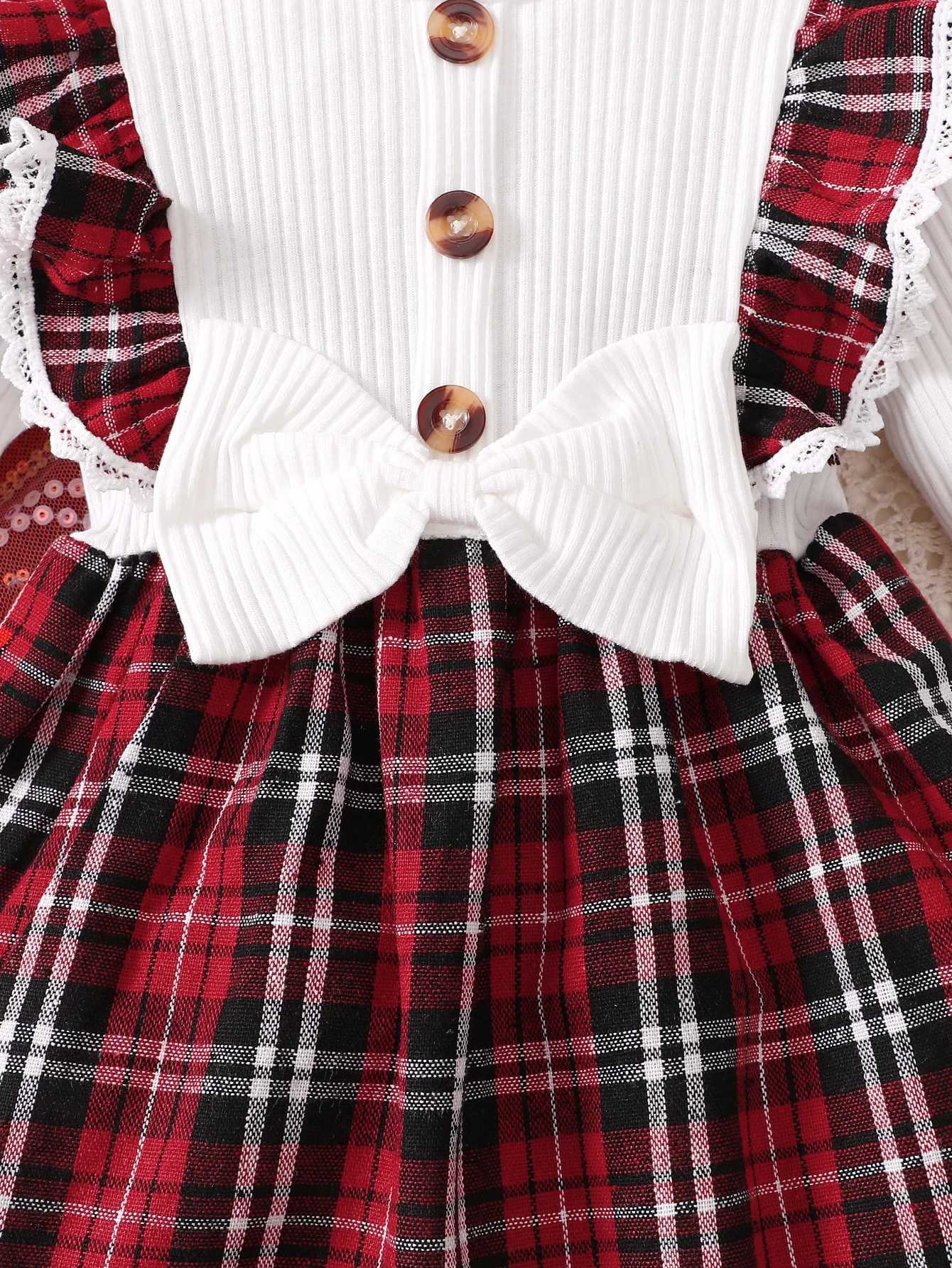 Baby Girls New Fashionable Plaid Patchwork Groove Lace Design Bow Dress and Headband W250811