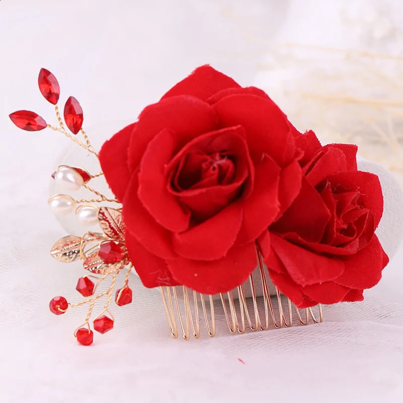 1310 Pcs Exquisite Rose Flower Hair Comb Pearl Red Floral Combs For Bridal Jewelry Tiaras Wedding Headdress 250804