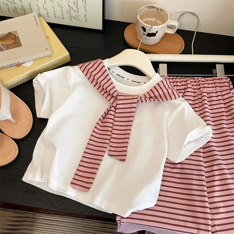 Girls Suit Summer Short-sleeved T-shirt With Stripes ShawlsPants 2Pcs Outfits Kids Casual Clothes Childrens Fashion Sets 1-12Y 250811