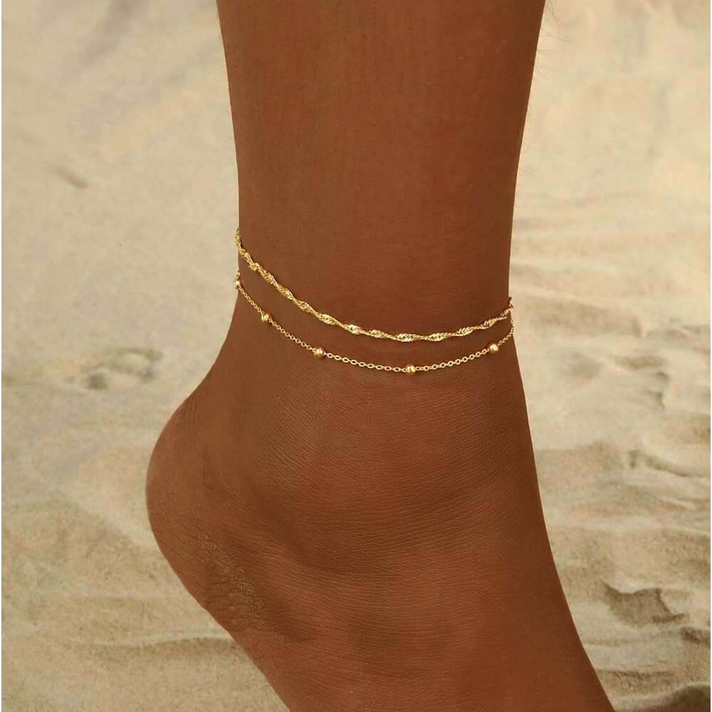 2/3 PCS Anklets for Women Waterproof Cuban Link Anklet Beaded Stackable Bracelets 14K Gold Plated Custom Jewelry Gifts Non Tarnish Lightweight