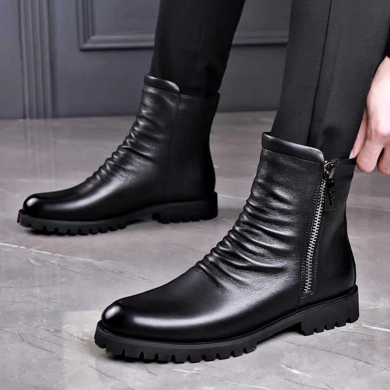 England Style Men Casual Chelsea Boots Black Trendy Genuine Leather Shoes Brand Designer Autumn Winter Boot High Motorcycle Bota W250811