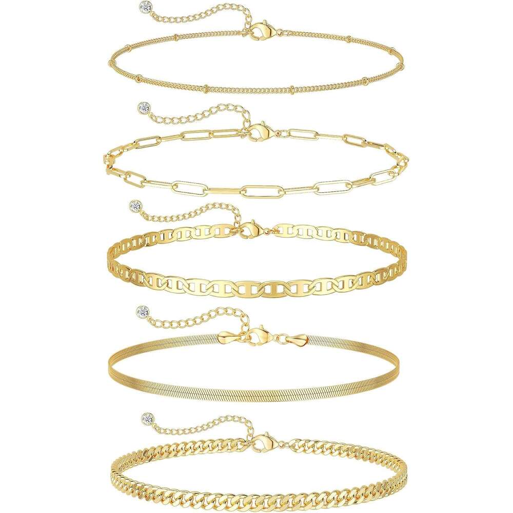 Anklets Women, 14K Gold Plated Waterproof Anklet Set Layer Beach Beaded Rope Cuban Ankle Bracelets Fashion Summer Foot Jewelry Gift for Women Teen Gir