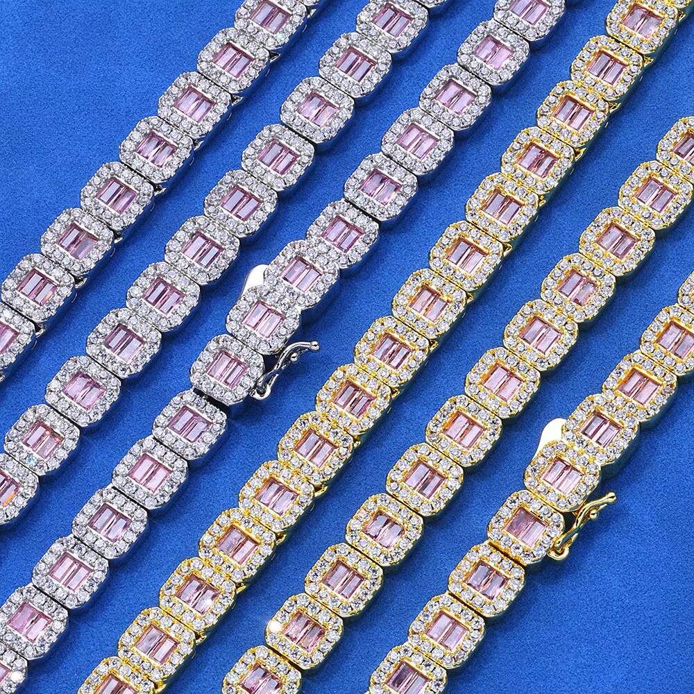 Hot Sale Hip Hop Jewelry 8mm Square Pink Diamond Gold/Platinum Tennis Necklace/Bracelet Set Men's Party