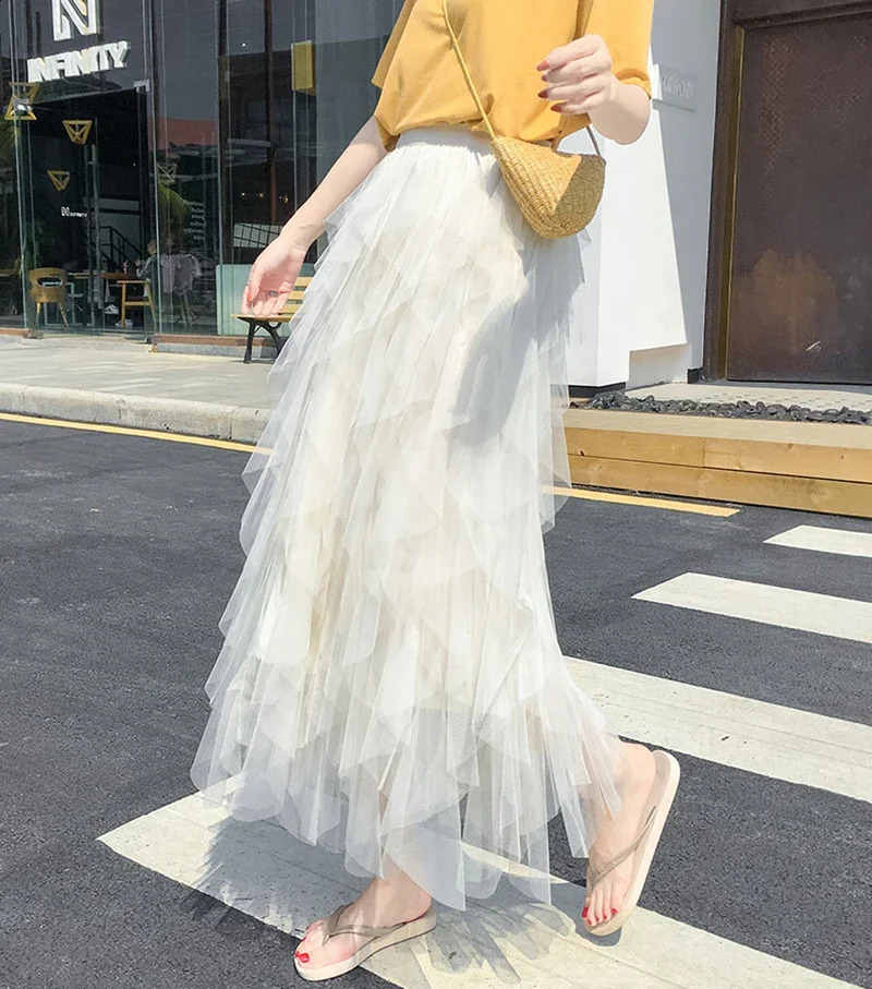 Womens Elastic High Waist Tulle Mesh Irregular Tutu Skirt Summer Girls Party Older Kid Girl Pleated Long Midi Skirts 250809