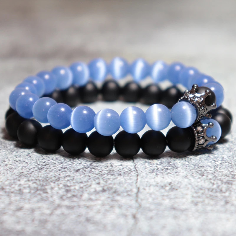 2Pair/Pcs Romantic Couple Bracelet Natural Cat Eye Frosted Stone Beaded Braclet Handmade Elastic Crown Matching Braslet Pulseras 250805