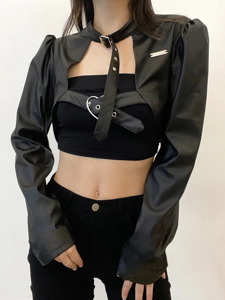 Weekeep Gothic Black PU Leather Jacket Women One Shoulder Halter Buckle Hip Hop Outfits Fashion Streetwear Cropped Jackets Solid 250811