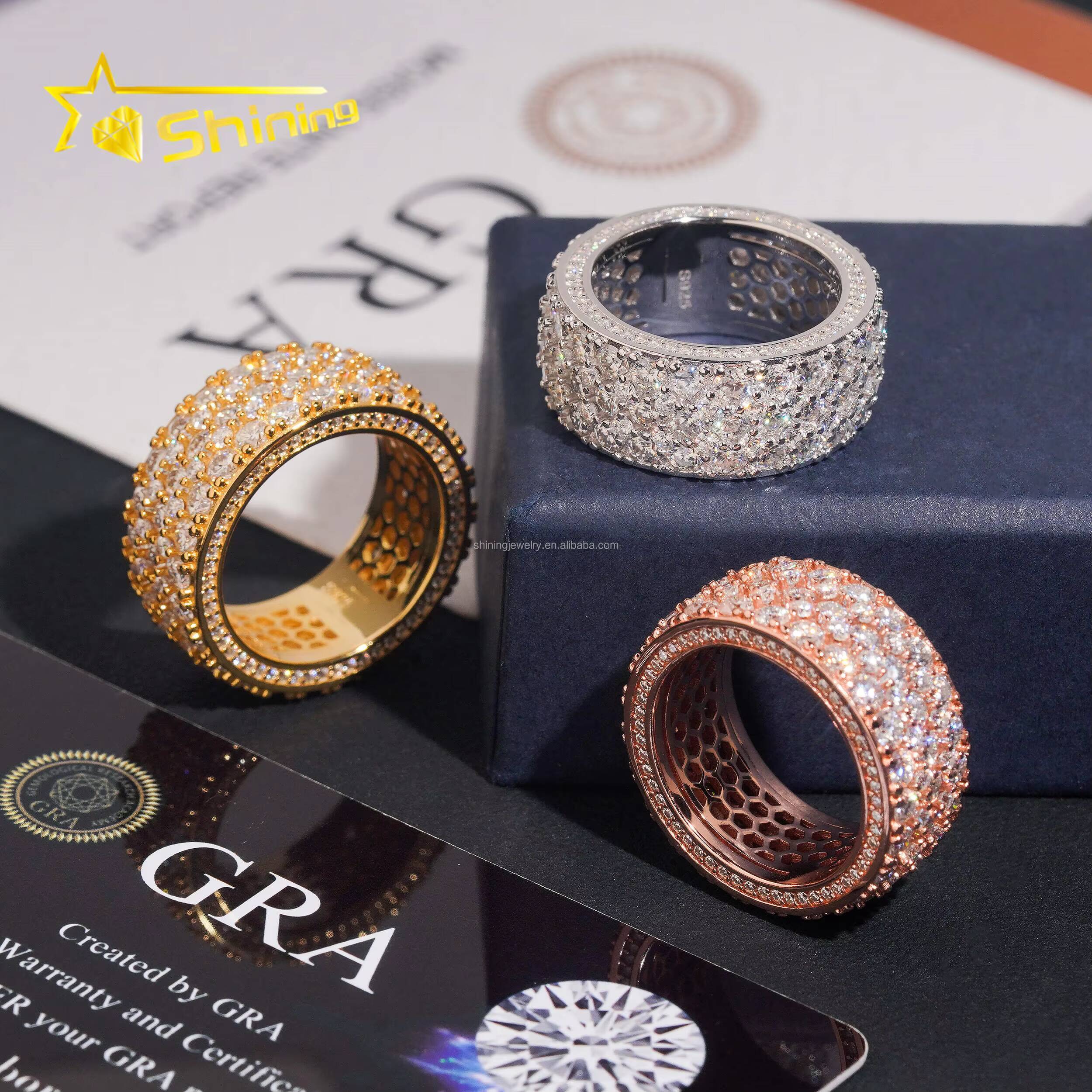 New Arrivals Bulk Stock 3Rows Stone Iced Out Jewelry Engagement Rings 925 Silver Jewelry Moissanite Diamond Eternity Band Ring