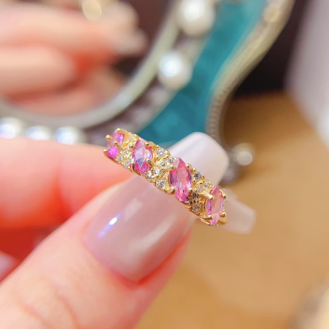 Genuine Pink Sapphire Ring 2.5mm*5mm Natural Sapphire Silver jewelry 18K gold plated silver sapphire ring August Birthstone ring for Girl