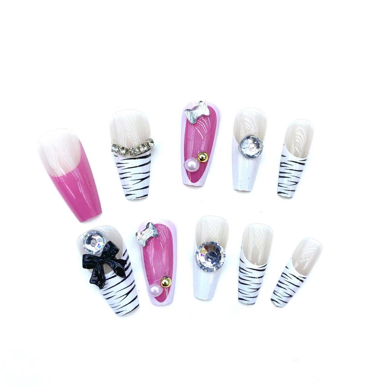 Handmade Fake Nails 24pcs Long Coffin Pink Nude Zebra Stripe Nail Art with Rhinestones Bow Full Cover press on nails