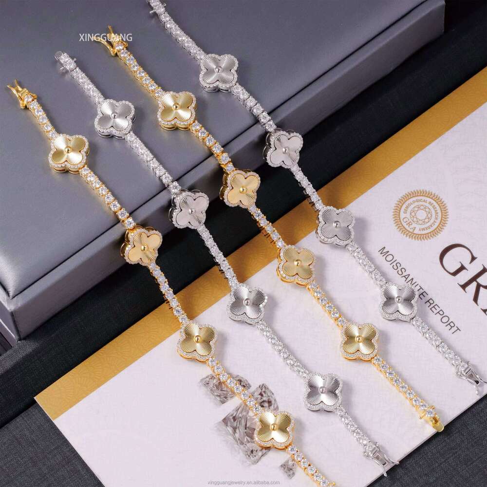 GRA Certificate Hip Hop Style Sterling Sier 3mm VVS1Moissanite Dia Clover Bracelet Tennis Chain for Men Jewelry