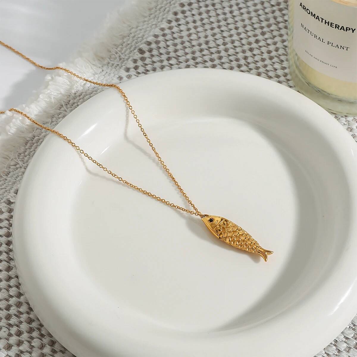 Uworld Minimalist Gold Color Plated Stainless Steel Carp Black Zirconia Fish Pendant Necklace Women's Jewel Jewelry for Women