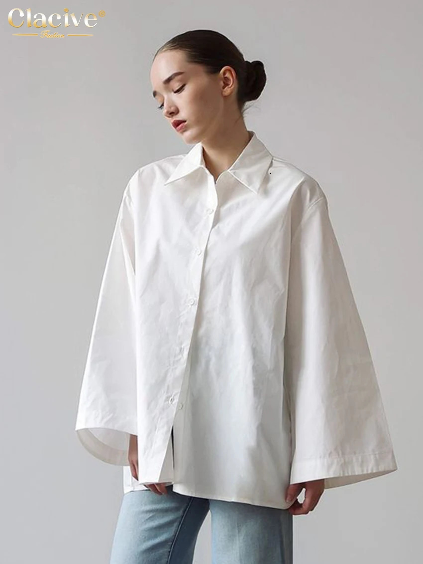 Clacive Fashion Loose White Cotton Womens Blouse 2025 Casual Lapel Long Sleeve Shirt Elegant Classic Solid Top Female Clothing 250811