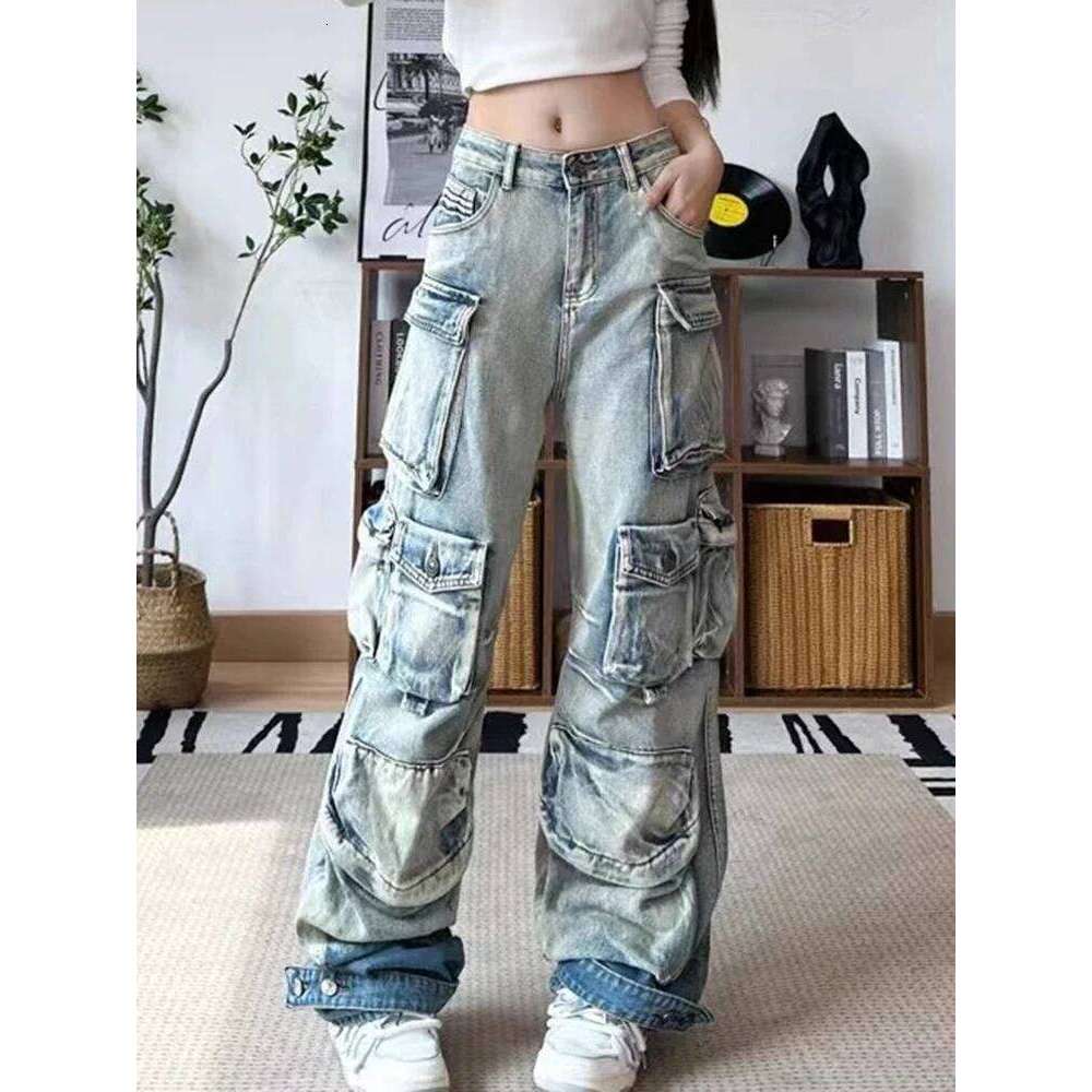 Vintage Fashion Women's Gradient Multi Pockets Jeans 2024 Winter New High Waist Buttons Cargo Denim Pants Female