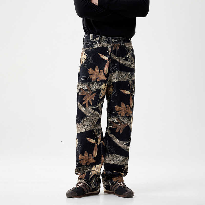 Popular loose straight wide-leg denim printed graffiti black tree branch fallen leaves trendy street style denim pants for men Z250605