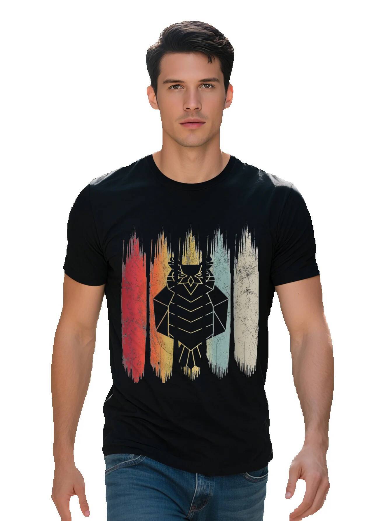 Men s Owl Graphic T Shirt Cotton Retro Bird Art Tee for Casual Wear Short Sleeve Round Neck, Washable d11d6