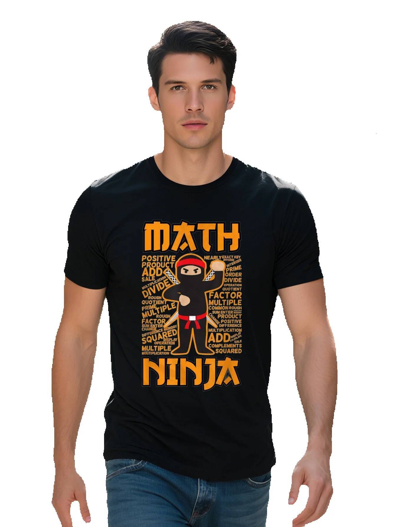 Men s Cotton T Shirt Funny Ninja Graphic Orange Black with Math Terms Casual Short Sleeve Crew Neck Tee f6e4f