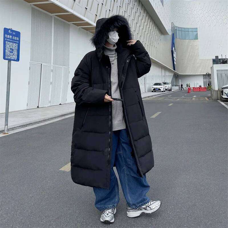 Korean Fashion Long Down Couple's Winter Clothing Youth Hooded Zipper Warm Cotton Jacket Coat Men's Parka M-5XL