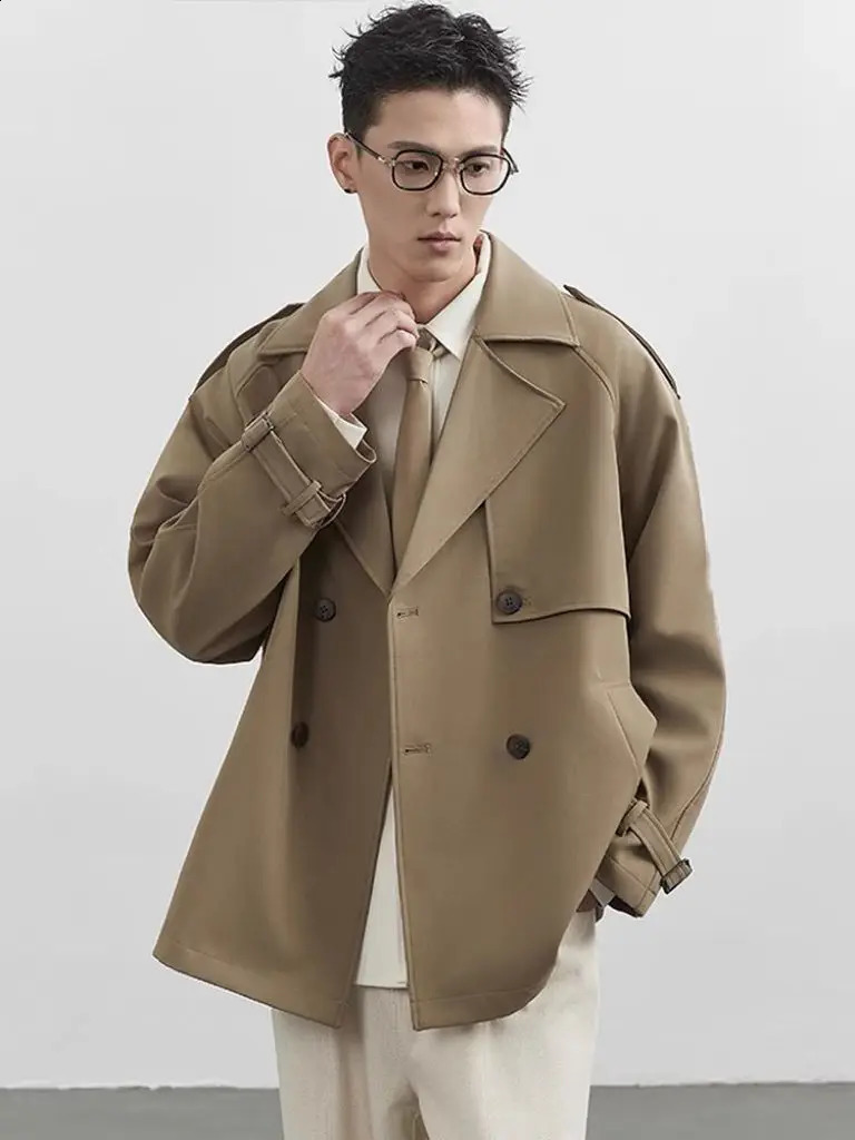 Spring and Autumn Suit Collar Windbreaker Short Coat Men Clothing Korean StyleSolid Color Loose Casual Trench Coat for Men 250805