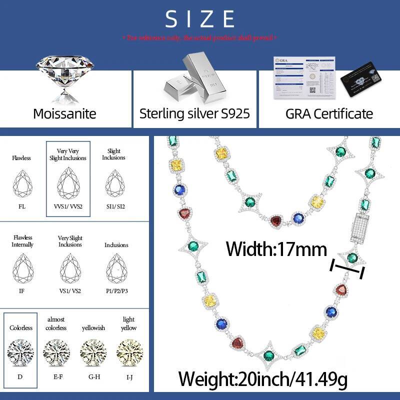 New Moissanite Diamond Colorful Christmas Star Link Chain For Women 925 Sterling Silver Iced Out Bling Necklace Man Jewelry Gift