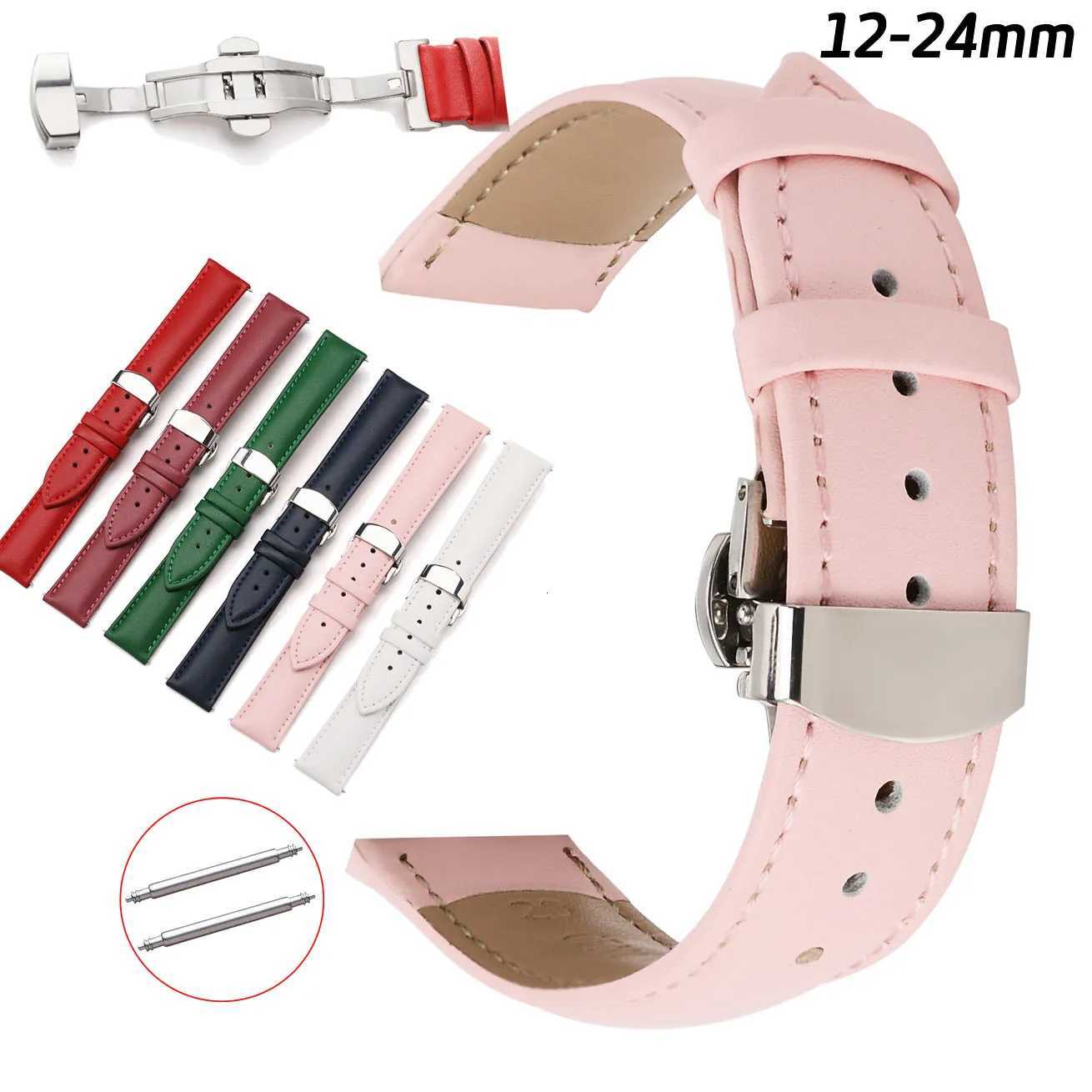 12 14 16 18 20 22 24mm Genuine Leather Watch Band Wristwatch Strap for Women and Men with Butterfly Buckle Wristband with Pins W250811