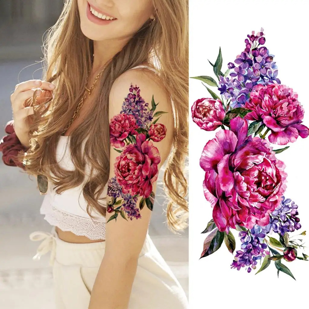 Watercolor Peony Flower Temporary Tattoos For Women Adult Girl Rose Butterfly Tattoo Stylish Waterproof Arm Tatoos Sticker 250809