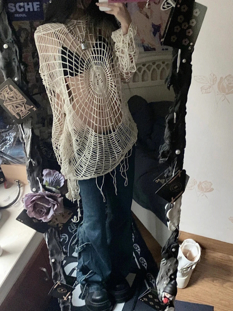 ADAgirl Y2k Spider Web Hollow Out Sweaters Hole Crochet Knit Top Punk Grunge E-Girl Pullover Hoohed Streetwear Goth Mesh Clothes 250811