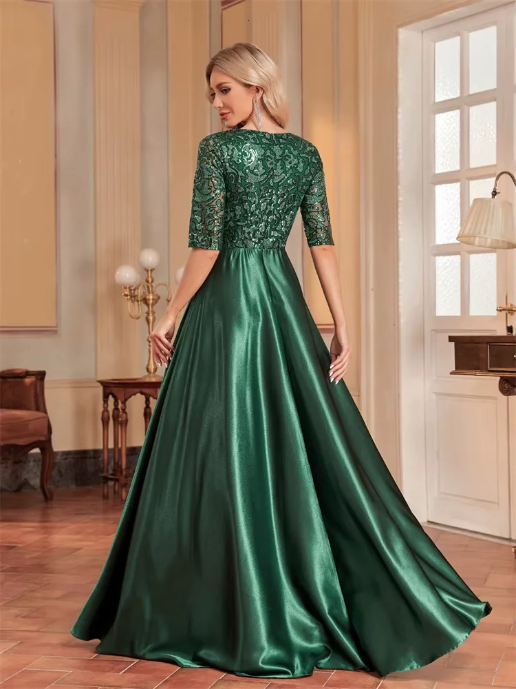y Short Sleeve Green Satin VNeck Evening Dress Women Sequin elegant Party Prom Floor Lenght Cocktail Graduation Gowns 250811