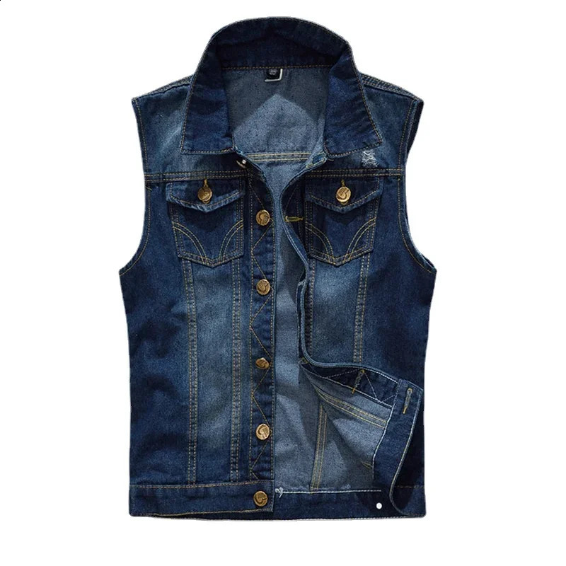 Men Denim Vests Jackets Waistcoats Light Blue Ripped Denim Coats Vests Fashion Male Cotton Slim Black Jeans Waistcoats 6XL 250809