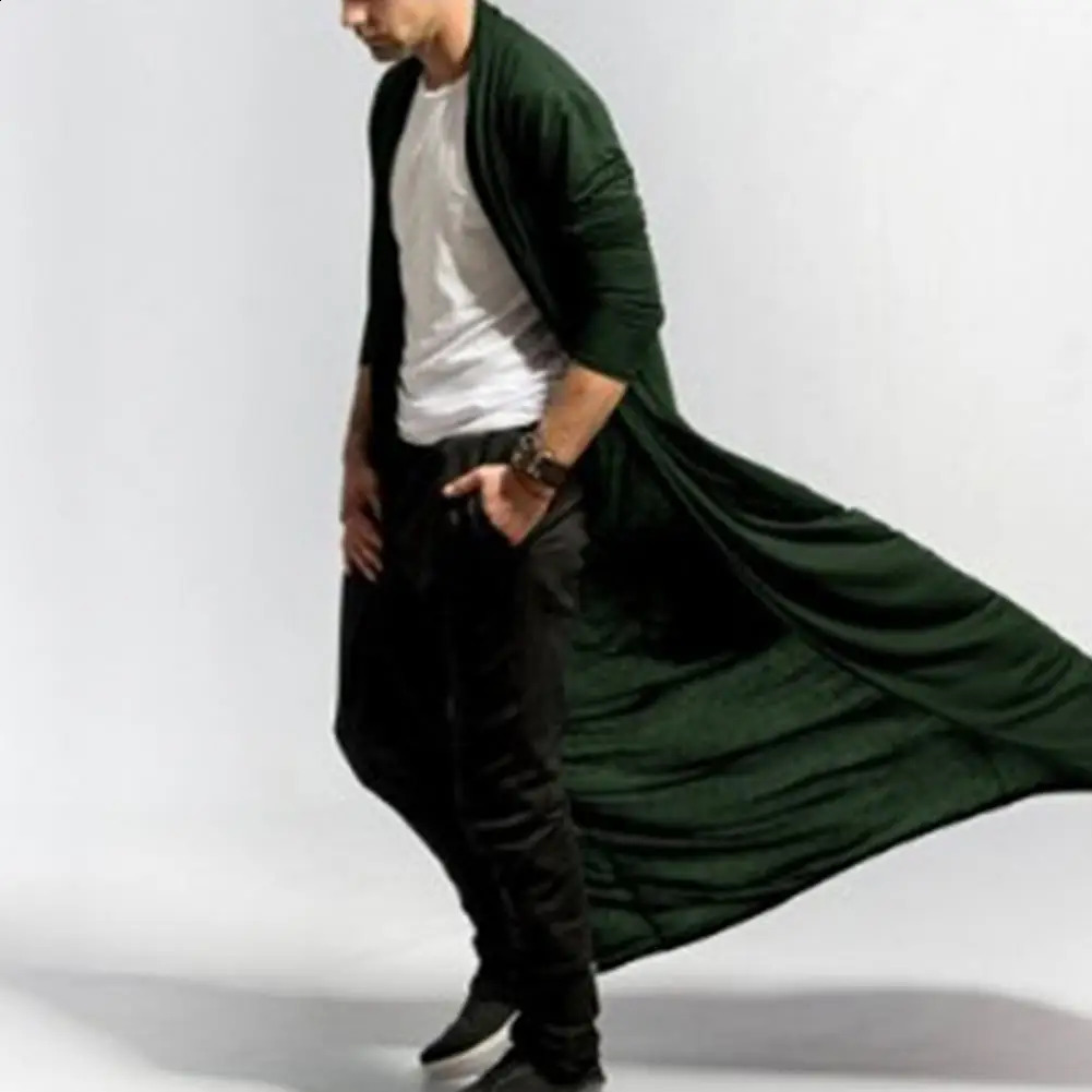 Mens Long Trench Coat Solid Color Windbreaker Open Front AnkleLength Men Jacket Cardigan Autumn Outerwear 250804
